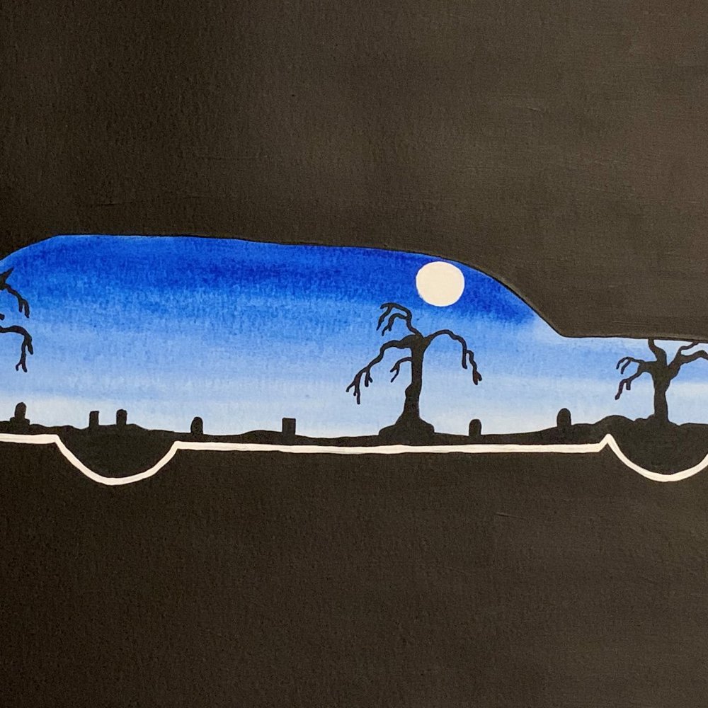 Original Spooky Hearse Wall Decor 9x12 Watercolor & Acrylic Unframed